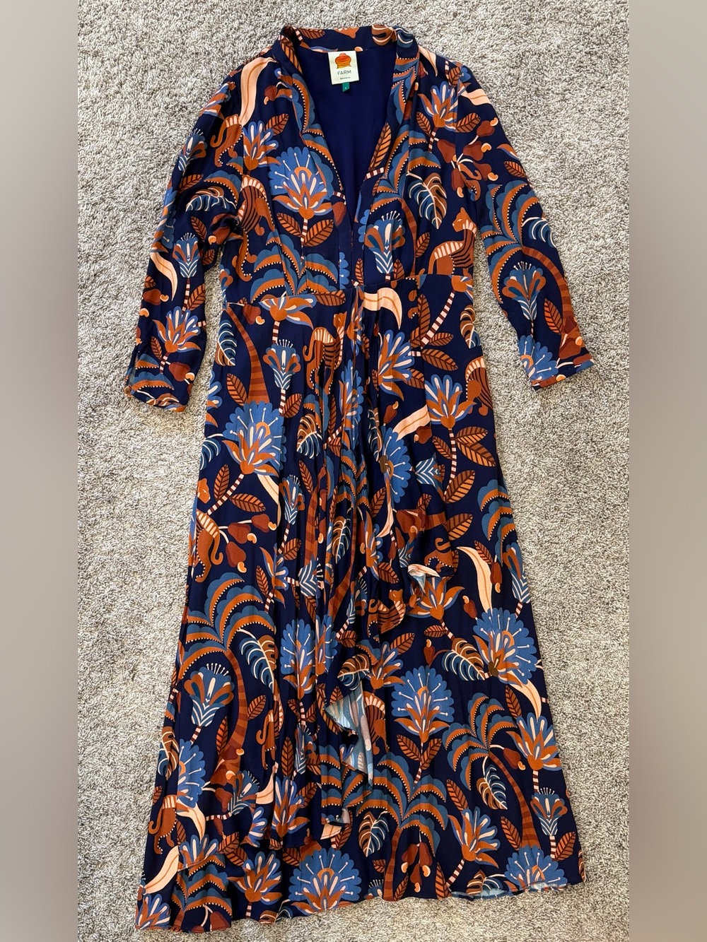 Farm Rio Blue Brown Multicolor Floral Print Long Sleeve Maxi Dress Sz Large